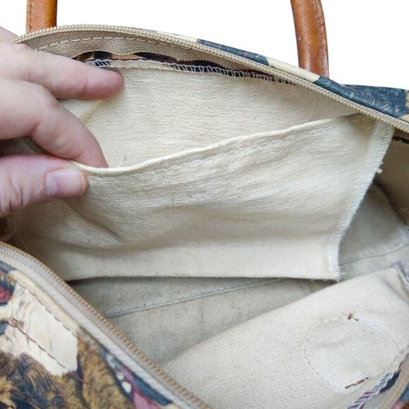Vintage Canvas Dog Print Animal Tapestry Barrel Handbag Leather Handle Tote Bag - Picture 5 of 15
